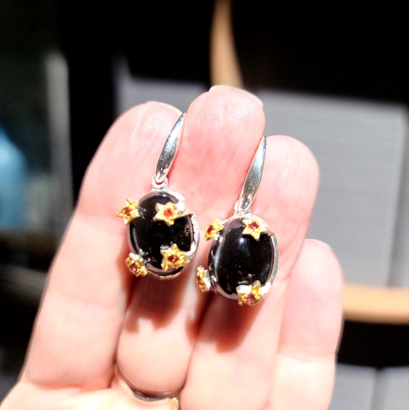 Cats Eye &Rhodolite sterling & gold STUNNING earrings - Picture 2 of 5